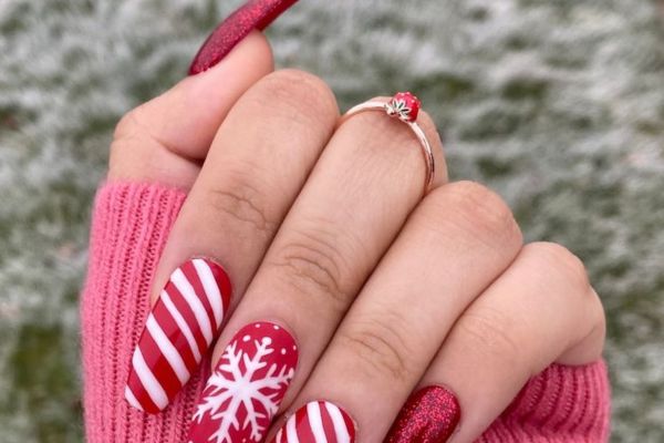 Candy Cane Ice And Snowflake Christmas Nails